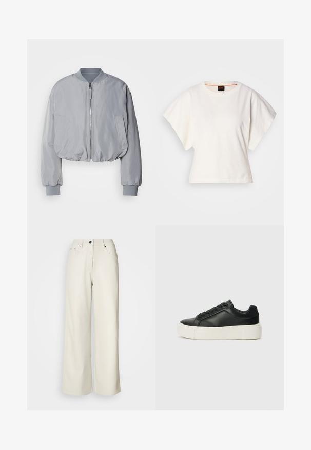 Izgriezta gaiši pelēka bumbvedēja jaka ar ribotu apkakli, rāvējslēdzēja priekšpusi, divām sānu kabatām un elastīgām aprocēm un apakšmalu. Gluda auduma tekstūra.; Balts īsais T-krekls, plašas īsas piedurknes, mīksts kokvilnas materiāls, apaļa kakla izgriezums ar delikātu oranžu apdari, minimāls dizains, bez rakstiem vai grafikām.; Krēmkrāsa platās bikses, izgatavotas no gludas auduma. Iezīmē vidēji augstu jostasvietu, rāvējslēdzi un divas priekšējās kabatas ar melniem aksesuāriem.; Melnas ādas kedas ar noapaļotu pirkstu, baltu platformas zoli un melnām auklām. Iespējams, satur diskrētu logo uz papēža un gludu tekstūru.