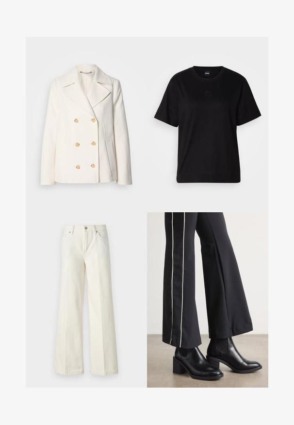 Kahekordne valge mantel tekstureeritud kangast, millel on suured kuldsete nuppudega, küljel olevad taskud ja nurgelised kraed.; Mustmust särk, millel on ümar kaelus, lühikesed varrukad ja tindiga tikitud logo rinnal. Lihtne, mugav lõige ilma mustriteta.; Laiad valged teksad, mis on valmistatud puuvilla segust. Omavad lukuga eesmist sulgemist, viie taskuga disaini ning õmblusi pükste saemetes.; Mustad nahast pahklu_bootid, millel on ploki konts ja elastsed külgpaneelid. Kombineeritud mustade pükstega, millel on valge küljeriba.