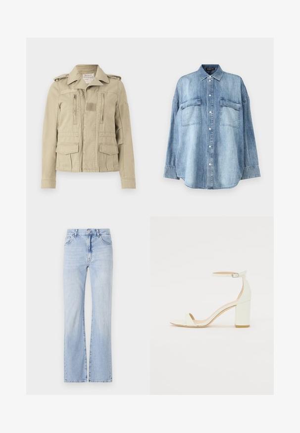 Giacca militare beige in cotone con abbottonatura frontale, due tasche sul petto con zip e tasche laterali con patta. Presenta spalline e un colletto testurizzato.; Camicia in denim blu chiaro con colletto a punta, bottoni frontali e due tasche sul petto. Presenta maniche lunghe e una vestibilità rilassata.; Jeans svasati in denim azzurro chiaro con design a cinque tasche, passanti per cintura e chiusura a bottone. Texture morbida con leggera scoloritura.; Sandal con tacco cubano bianco in pelle, caratterizzata da una cinghia alla caviglia con fibbia e design minimalista. Punta aperta e texture liscia in tutto il sandalo.