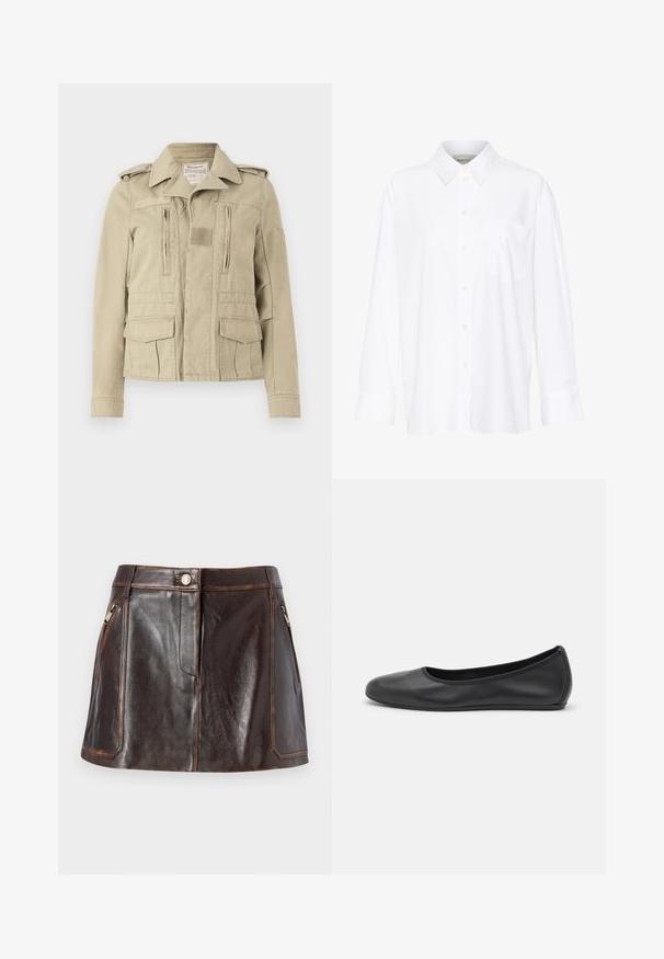 Beige, cotton military-style jacket with a button front, two zippered chest pockets, and side flap pockets. Features epaulets and a textured collar.; White long-sleeve collared shirt made of cotton. Features a button-down front and a single chest pocket. Smooth texture, relaxed fit.; Brown leather mini skirt featuring a sleek design, two zippered side pockets, and contrasting stitching along the edges.; Black leather ballet flat with a rounded toe, smooth texture, minimal stitching detail, and a flexible sole design.