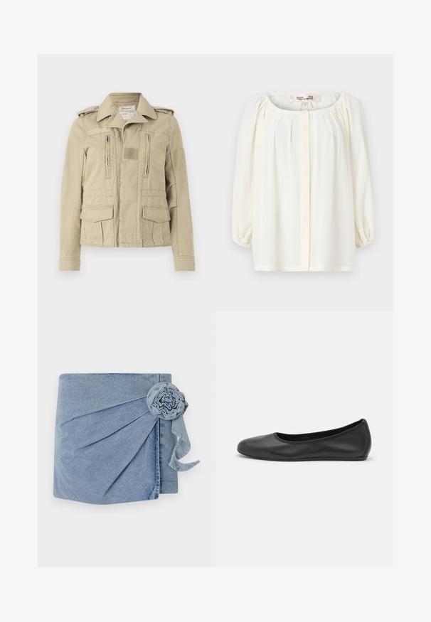 Bežová bavlnená vojenského štýlu bunda s gombíkovým zapínaním, dvoma zipsovými vreckami na hrudi a bočnými vreckami s klopou. Obsahuje ramenné popruhy a štruktúrovaný golier.; Biela blúzka s okrúhlym výstrihom, prehnutým predným dielom a trojštvrťovými balónovými rukávmi. Vyrobená z ľahkej tkaniny s jemnou textúrou.; Denimový obal v svetlomodrom odtieni, s precízny pletením a dekoračnou kvetinou s voľným stužkou. Mäkká textúra a voľný dizajn.; Čierne kožené baleríny s okrúhlou špičkou, hladkým povrchom, minimálnym prešívaním a flexibilným dizajnom podrážky.