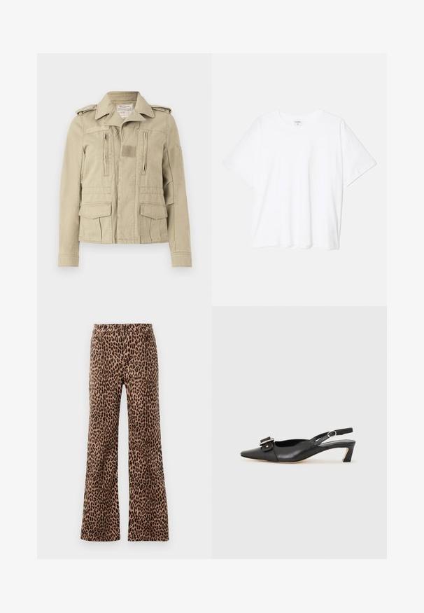 Šviesiai smėlio spalvos medvilninė karinė stiliaus striukė su mygtukų uždarymu, dviem užtrauktuku uždaromais krūtinės kišenėmis ir šoninėmis kišenėmis su atvartais. Yra pečių juostos ir tekstūruotas apykaklė.; Balta medvilnės marškinėliai trumpomis rankovėmis, apvalia iškirpte, laisvo kirpimo ir su siūtu kraštu. Etiketė matoma vidinėje iškirptės pusėje.; Bežiniai ir juodi leopardų rašto platėjančių kelnių modeliai, pasižymintys lygiu paviršiumi ir siaurėjantis apvadu. Dizainas su standartiniu juosmeniu ir kišenėmis.; Juodas odinis slingback batelis su smailiu nosiu, maža pakulne ir dekoratyvine sagtimi viršuje. Lygus paviršius, minimalistas dizainas.