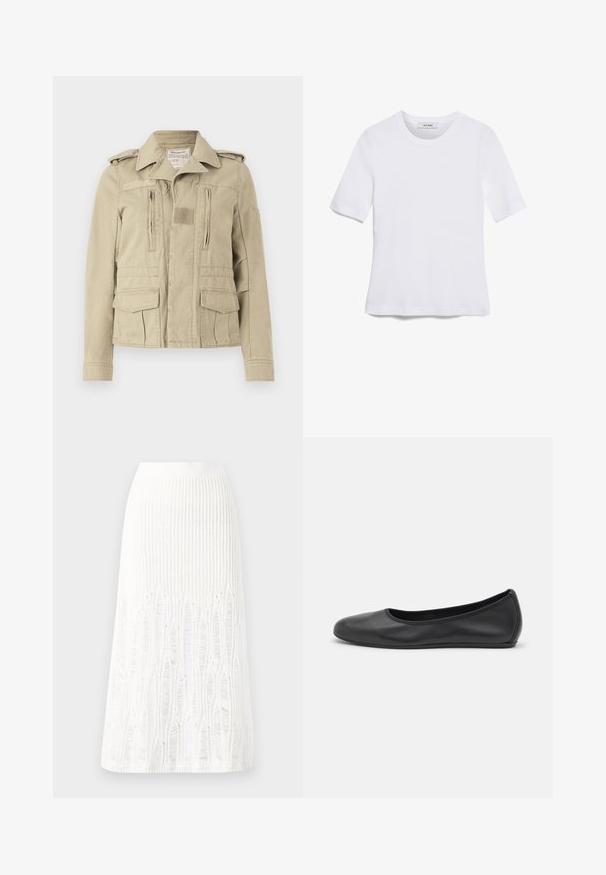 Beidzot, kokvilnas militārā stila jaka, gaiši brūnā krāsā, ar pogu aizdari, diviem kabatas ar rāvējslēdzējiem uz krūtīm un sānu kabatām ar uzloku. Iekļautas epauletes un strukturēta apkakle.; Balta īsām piedurknēm T-krekls, izgatavots no ribota auduma. Apaļš izgriezums, regulāra piegriezuma un diskrēti šuvumu detaļas. Bez printiem vai grafikām.; Adīts balts midi svārki ar teksturētu rakstu, kas ietver vertikālas līnijas un izgriezumus pie apakšmalas. Elastīgs vidukļa jostasvads. Mīksts materiāls.; Melna ādas baleta kurpe ar noapaļotu purngalu, gludu tekstūru, minimālu šuvju detalizāciju un elastīgu zoles dizainu.