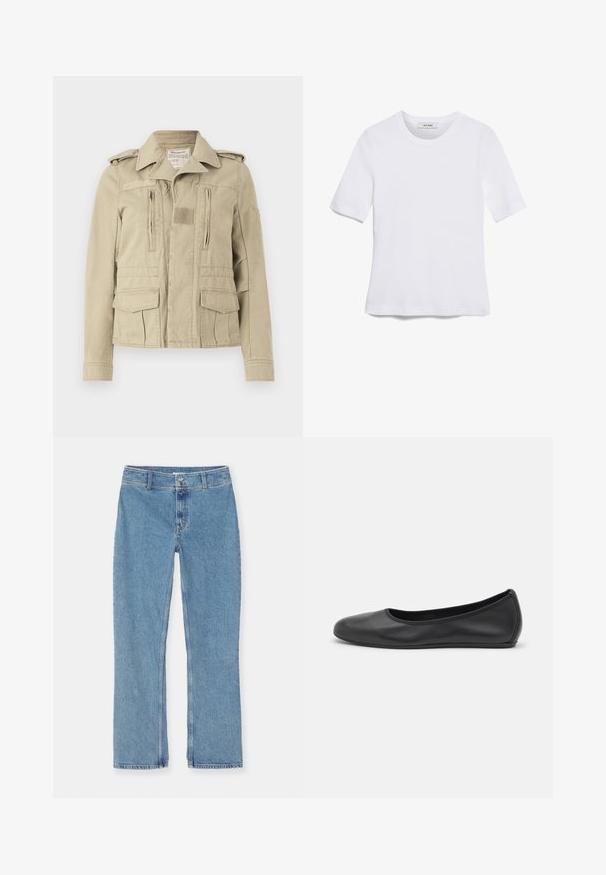 Jachetă din bumbac de culoare bej, stil militar, cu închidere cu butoane, două buzunare laterale cu fermoar și buzunare cu clapetă pe lateral. Are epauleți și un guler texturat.; Tricou alb cu mânecă scurtă, confectionat dintr-un material texturat. Gât rotund, tăietură regulară și detalii subtile de cusătură. Fără modele sau grafice.; Jeans drept, de culoare albastră deschisă, din denim, cu închidere cu nasture și fermoar, bucle pentru curea și cusături standard pe un fundal alb.; Balerini din piele neagră, cu vârf rotund, textură netedă, detalii de cusătură minimale și un design al tălpii flexibil.