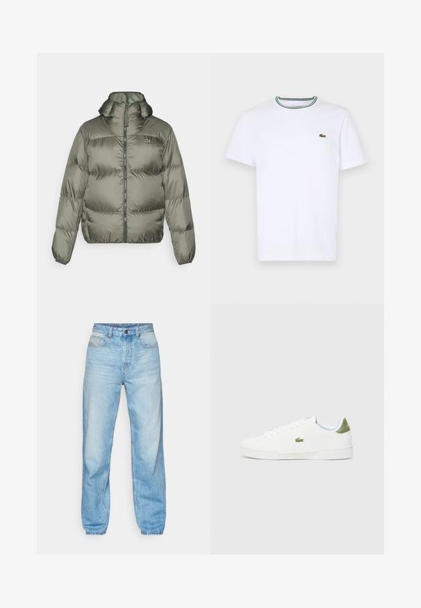 Puffer jacket in olive green, featuring a high collar, zip front, and elastic cuffs. Lightly quilted design with subtle branding detail.; White cotton short-sleeve T-shirt with a ribbed collar featuring green and black stripes; small green embroidered logo on left chest.; Light blue jeans made of denim, featuring a straight cut, five-pocket design, and a visible button fly with contrasting stitching.; White sneakers with a smooth texture, featuring a green accent at the heel and a small embroidered crocodile logo on the side.