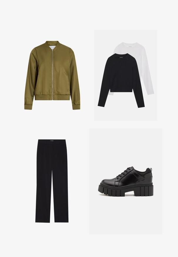 Olive zelena bomber jakna iz gladkega, sijočega materiala. Ima okroglo ovratnico, zadrgo spredaj in oprijete manšete z rebrastim robom.; Dve dolge majice z dolgimi rokavi: ena črna in ena bela. Obe imata okroglo ovratnico, raglan rokave in mehko mešanico bombaža.; Črne kordurojske hlače ravnega kroja z ravnim pasom in brez vidnih žepov, gladke teksture ter z vertikalnimi rebrastimi detajli.; Črne usnjene platforme z debelim blokastim petam, okroglo konico in klasičnim vezanjem. Imajo gladko teksturo in minimalne podrobnosti.