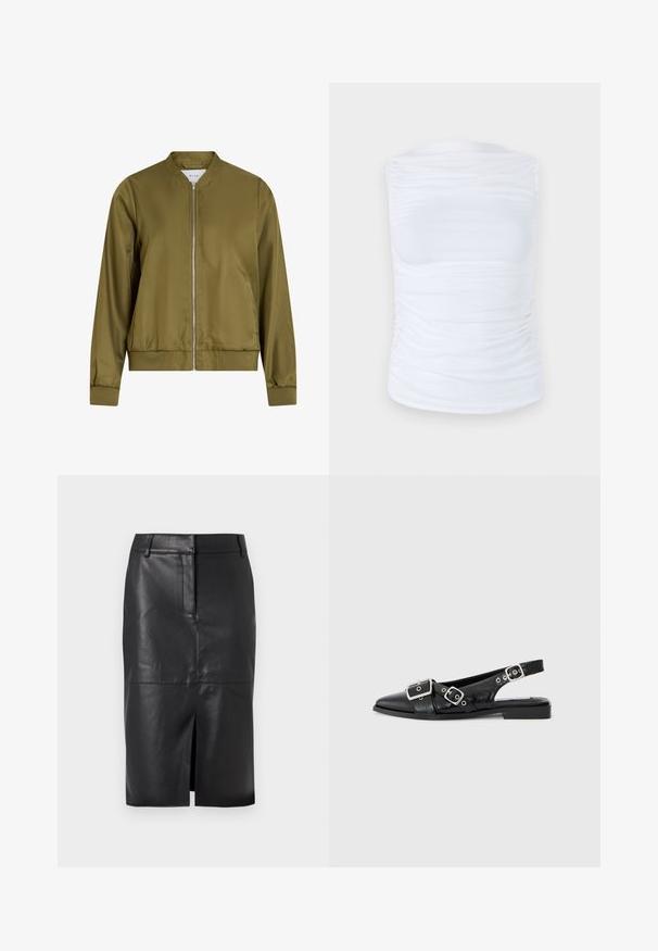 Giacca bomber verde oliva realizzata in materiale liscio e lucido. Presenta un colletto tondo, chiusura zip frontale e polsini aderenti con orlo a coste.; Top bianco senza maniche realizzato in un tessuto morbido ed elastico, con dettagli arricciati lungo i lati, dotato di scollatura rotonda e silhouette aderente.; Gonna a matita in pelle nera con uno spacco frontale, caratterizzata da una texture liscia, due tasche laterali e una silhouette aderente.; Scarpa slingback in pelle nera con punta appuntita, due fibbie argentate e tacco basso a blocco. Presenta una tomaia testurizzata e un retro aperto.