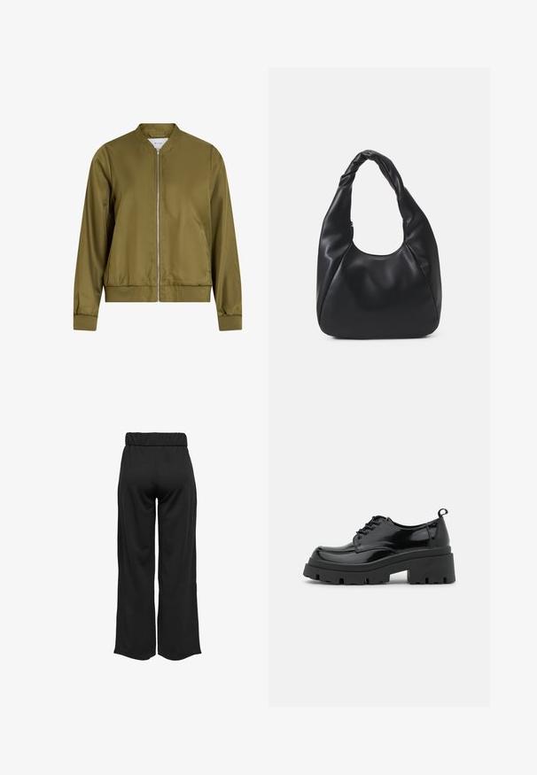 Olīvu zaļš bomberis, izgatavots no gludas, spīdīgas materiāla. Tam ir apaļa apkakle, rāvējslēdzējs priekšpusē un pieguļoši piedurknes ar ribotu apakšmalu.; Balts ribots topiņš ar apaļu kakla izgriezumu, bez piedurknēm un īsā garumā. Uz birkas ir rakstīts "JJXX." Gluda auduma tekstūra.; Melnas, platas bikses ar elastīgu jostu, izgatavotas no gludas auduma. Iespējamā tīra dizaina ar bez kabatām un redzamām šuvēm.; Melnas lakotas ādas kurpes ar masīvu platformas zoli un biezām šņorēm. Apaļa purngala forma, minimālas detaļas un neliela papēža cilpa aizmugurē.; Melnā hobo soma, kas izgatavota no gludas ādas līdzīga materiāla, ar savītu rokturi, ar mīkstu, noapaļotu formu un augšējo rāvējslēdzēju.