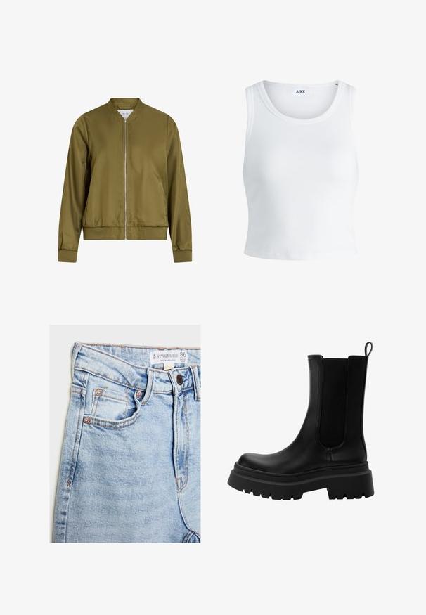 Olivově zelená bomber bunda vyrobená z hladkého, lesklého materiálu. Má kulatý výstřih, zip vpředu a přiléhavé manžety s žebrovaným lemem.; Bílý žebrovaný top na ramínka se kulatým výstřihem, bez rukávů a zkrácenou délkou. Název značky je "JJXX." Hladká struktura látky.; Světle modré džíny z denimu s vysokým pasem, pěti kapsami, hardwarem v měděném tónu a jemným vyblednutím, s etiketou na pásku.; Černé kožené Chelsea boty s elastickými bočními panely, silnou gumovou podrážkou a zaoblenou špičkou. Texturovaný a hladký povrch.