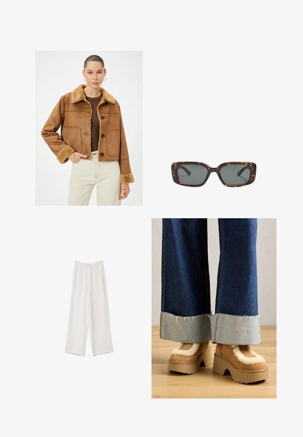 Veste en faux daim marron avec un col et des poignets en fourrure contrastants. Comprend des boutons et deux poches avant, design cropped.; Sweatshirt court beige clair avec un large col, des manches longues et un tissu doux et texturé. Présente une coupe décontractée et carrée.; Pantalons larges blancs en tissu léger. Dotés d'une taille élastique avec cordon de serrage et de poches latérales. Texture lisse.; Bottes à plateforme en suede marron avec doublure en fausse fourrure crème, associées à un pantalon en denim à jambes larges avec ourlets effilochés et un poignet en denim plus clair.; Lunettes de soleil en écaille de tortue avec des verres rectangulaires, monture épaisse et verres teintés foncés. Texture lisse et design minimaliste.