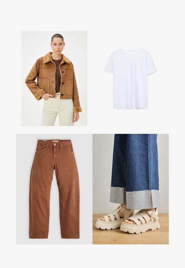 Ruskea tekonahkainen takki, jossa on kontrastina oleva pörröinen kaulus ja hihansuut. Takissa on napit ja kaksi etutaskua, sekä lyhyt malli.; Lyhythihainen valkoinen t-paita pyöreällä pääntiellä ja suoralinjaisella helmalla, esillä valkoisella taustalla.; Ruskon väriset suorat lahkeet, joissa on etu- ja takataskut, metalliset niitit, napitus ja vyölenkit, asetettuna tasaiseksi valkoista taustaa vasten.; Beige platform-sandaalit paksuilla pohjilla, joissa on hihnallinen muotoilu ja säädettävät nilkkahihnat. Yhdistettyinä leveälahkeisiin farkkuihin, joiden yksi helma on revitty.