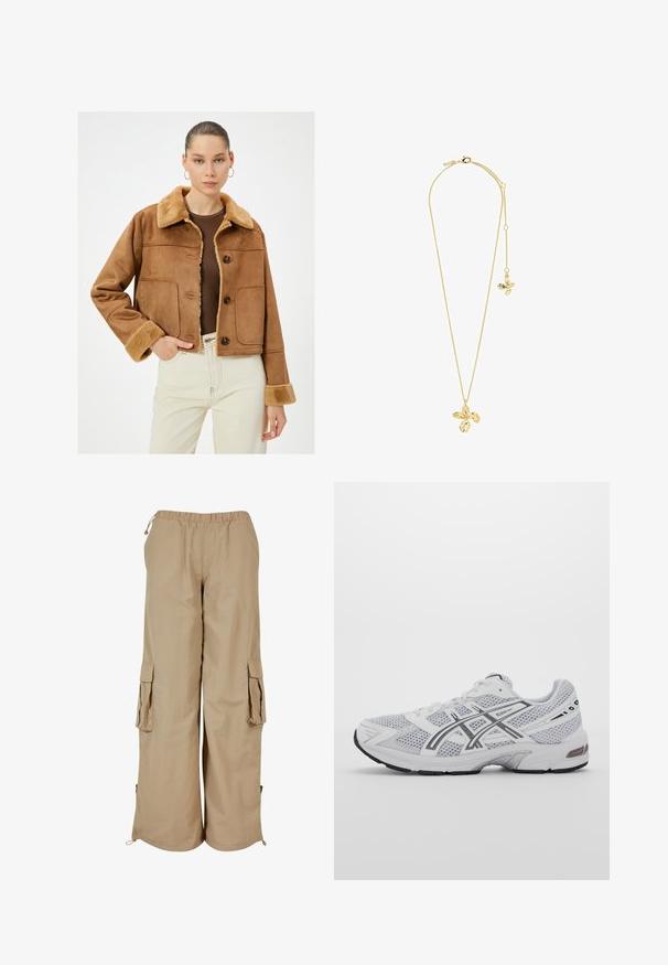 Braune Kunstwildlederjacke mit einem kontrastierenden, pelzigen Kragen und Manschetten. Verfügt über Knöpfe und zwei Fronttaschen, kurzes Design.; Burgunderfarbener Spitzen-Schal mit asymmetrischem Schnitt, der ein florales Muster und einen gewellten Rand aufweist, aus leichtem, strukturiertem Material gefertigt.; Beige Cargo-Shorts mit elastischem Bund, zwei Seitentaschen und Mesh-Akzenten; aus leichtem, strukturierte Stoff gefertigt.; Weißes Netz-Athletikschuh mit grauen Akzenten, strukturiertem Design, Schnürsystem, gepolstertem Kragen und Gummisohle für Traktion.; Pilgrim DREAM - Halskette - gold plated