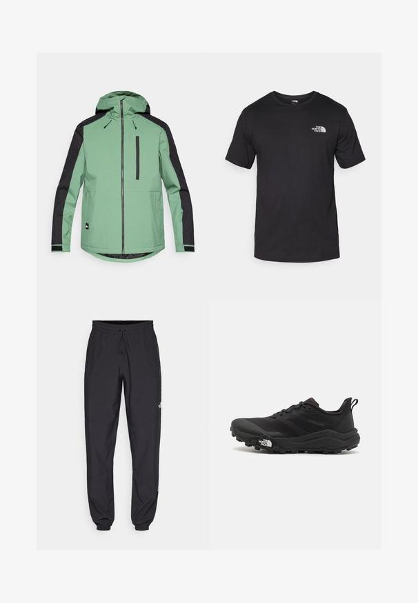 Grøn og sort udendørs jakke med hætte, lynlås, brystlomme og elastiske manchetter. Fremstillet af et glat, holdbart materiale.; Sort kortærmet t-shirt lavet af bomuld, med rund halsudskæring og et lille hvidt logo på den øverste venstre brystområde.; Sorte atletiske bukser lavet af letvægtsstof, med en snor i taljen, sidelommer og tapered manchetter ved anklerne.; Sort trail løbesko med en struktureret overdel, gummisål og forstærket tåhætte. Har en polstret krave og en pull-tab til nem påtagning.
