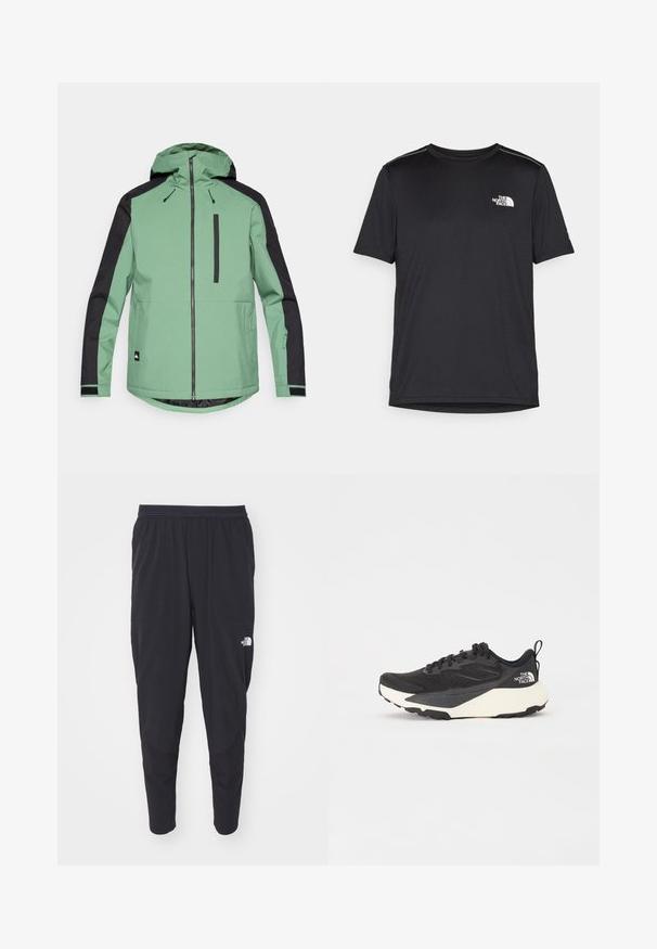 Chaqueta exterior verde y negra con capucha, cierre de cremallera, un bolsillo en el pecho y puños elásticos. Fabricada con una tela lisa y resistente.; Camiseta negra de manga corta hecha de tejido ligero. Presenta un pequeño logo blanco en el lado izquierdo del pecho y sutiles acentos en los hombros.; Pantalones deportivos negros con una cintura elástica, piernas ajustadas y bolsillos laterales. Presenta un logotipo sutil en el muslo. Textura suave.; Zapatilla deportiva negra con parte superior de malla texturizada, acentos en negro sólido y suela ligera blanca. Presenta cierre de cordones y tirador.