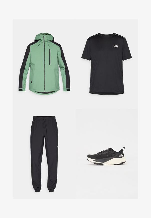 Green and black outdoor jacket with a hood, zip closure, a chest pocket, and elastic cuffs. Made from a smooth, durable fabric.; Black short-sleeve T-shirt made from lightweight fabric. Features a small white logo on the left chest and subtle shoulder accents.; Black athletic pants made from lightweight fabric, featuring a drawstring waistband, side pockets, and tapered cuffs at the ankles.; Black athletic shoe with textured mesh upper, solid black accents, and white lightweight outsole. Features lace-up closure and pull tab.