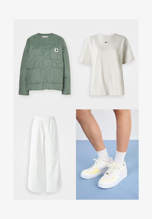 Žalias siuvinėtas švarkas su apvaliu kaklu, spaudžiamomis sagomis, dviem priekinėmis kišenėmis ir logotipo pledu ant kairės kišenės. Lygus paviršius.; Balta medvilnė marškinėliai su apvaliu kaklu ir trumpomis rankovėmis. Priekyje yra mažas juodas Nike logotipas. Paprastas ir nepuošnus dizainas.; Balti sportiniai keliai su platėjančiomis kojomis, su įtemptu juosmeniu ir subtilia logotipo detale. Lygus audinys, laisvas kirpimas ir siaurėjantis apatinis kraštas.; Baltos odinės sportbačiai su geltonais ir levandų akcentais, apvaliu pirštu, plokščiomis raišteliais ir tekstūruota guma. Dėvimi su baltais kojinėmis.
