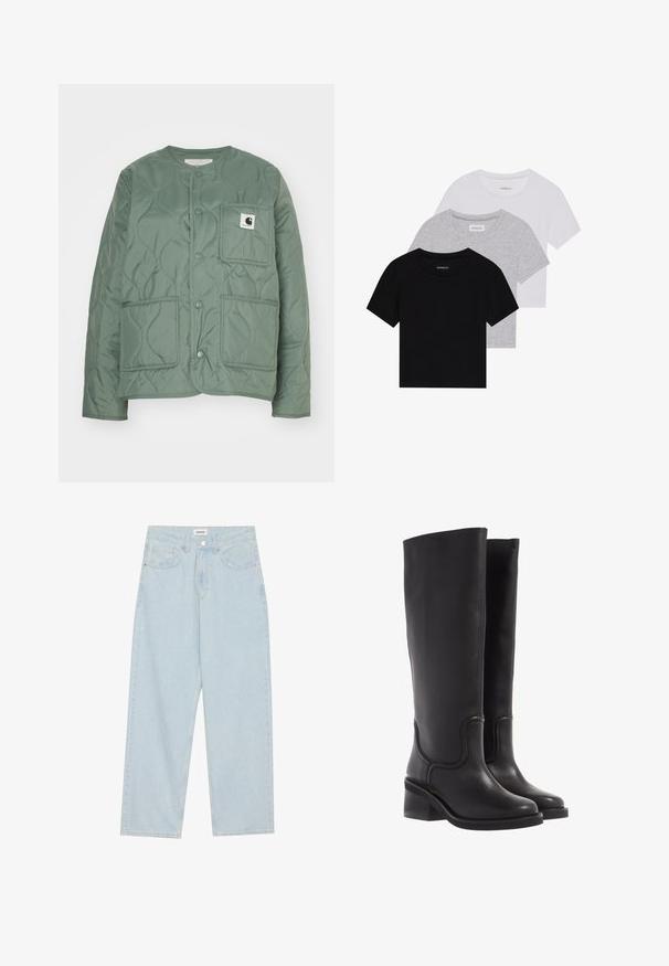 Grüne gesteppte Jacke mit rundem Ausschnitt, Druckknöpfen, zwei Vordertaschen und einem Logopatch auf der linken Tasche. Glatte Textur.; Set aus drei kurzärmeligen T-Shirts in Schwarz, Grau und Weiß. Hergestellt aus Baumwolle, mit Rundhalsausschnitt und einem einfachen, einfarbigen Design.; Helle blaue weit geschnittene Jeans aus Denim, mit mittelhoher Taille, fünf Taschen und einem Knopfverschluss mit einem schlanken Metallelement.; Schwarze Lederstiefel bis zum Knie mit glatter Textur, abgerundeter Spitze und klobigem Absatz. Mit dezenten Nähten und einem schlanken Design.