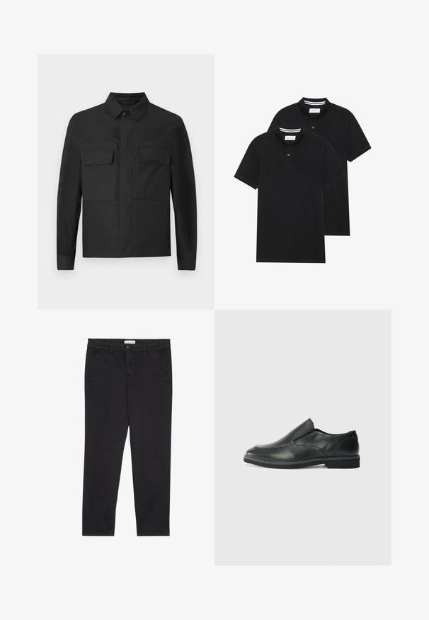 Fekete dzseki, galléros dizájnnal, hosszú ujakkal és két mellzsebbel. Simaságát tekintve anyaga egy egyszínű szövet, precíz varrással.; Két fekete pólóing, rövid ujjú, pamut anyagból készült, klasszikus gallérral, két gombos gombolással, és fehér csíkos díszítéssel a gallér belső részén.; Fekete pamut nadrág, slim fit fazonban, két oldalsó zsebbel és elülső gombos zárással. Textúrált anyag finom részletekkel.; Fekete bőr, slip-on cipő sima felsőrésszel, varrott díszítéssel, lekerekített orral és alacsony gumitalppal. A talpa minimális bordázattal rendelkezik.