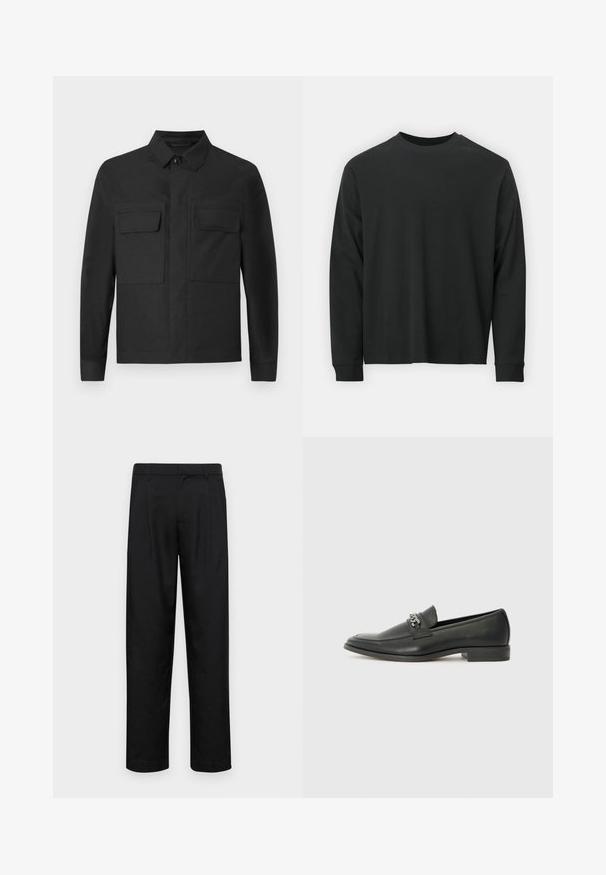 Sort jakke med krave-design, lange ærmer og to brystlommer. Lavet af et glat stof med en ensfarvet overflade og pæne syninger.; Langærmet sort T-shirt lavet af bomuld, med rund halsudskæring, løs pasform og ribbede ærmer. Glat tekstur uden synlige mønstre.; Sorte bukser lavet af glat stof, med et lige ben-design, to frontfolder og en standard talje med bæltestropper.; Sorte læder loafers med en glat finish, der har et syet design og et dekorativt metal kædeaccent hen over vamps. Flad hæl.