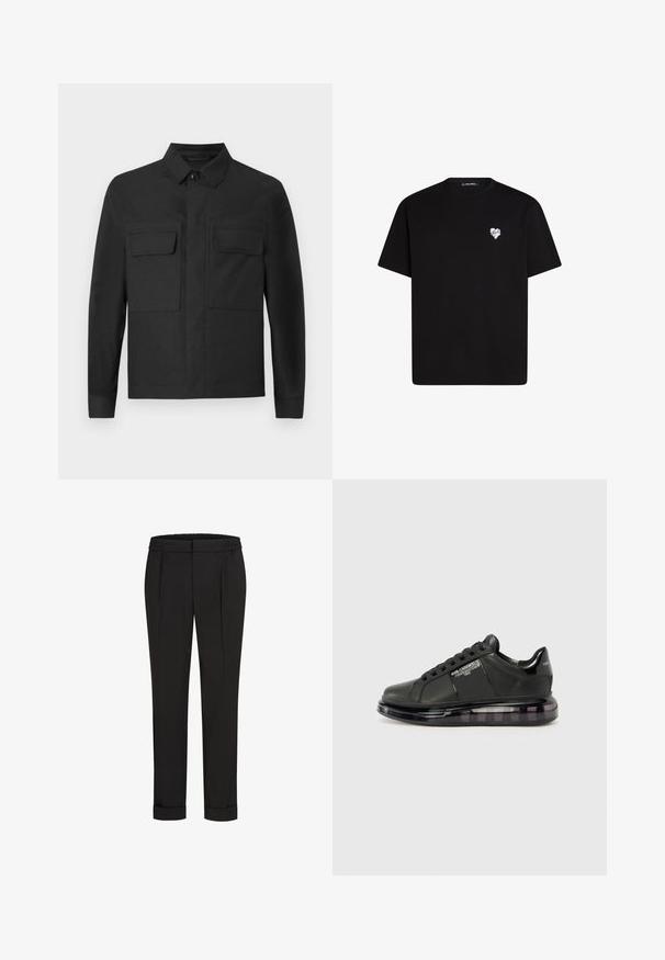 Mustaline jack, mis on varustatud kraega, pikkade varrukatega ja kahe rinna-taskuga. Valmistatud siledast kangast, ühtlasest värvist ja korralikest õmblustest.; Mustvalg mustast puuvillast t-särk lühikeste varrukatega, ümar kaelus ja väike valge südame graafika vasakul rinnal.; Mustad püksid elastse vöökohtaga, sirge jala kujundusega ja üles keeratud äärtega. Valmistatud siledast, kudumisega kangast, ilma mustriteta.; Must mustad musta nahast ülemise osaga, ümarate varvaste ja paeltega disainiga. Omab läbipaistvat, pehmendatud tallat, millel on tume gradient.