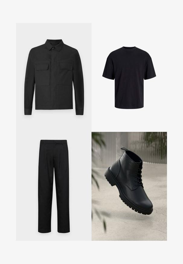 Svart jakke med krage-design, lange ermer og to brystlommer. Laget av et glatt stoff med ensfarget design og pent søm.; Svart bomull t-skjorte med rund hals, korte ermer og en avslappet passform. Glatt tekstur uten synlige mønstre eller detaljer.; Sorte bukser laget av glatt stoff, med rette ben, to frontfoldninger og standard liv med beltehemper.; Sorte skinn ankleboots med rund tå, snøring og grov gummisåle. Glatt tekstur med en stropp bak.