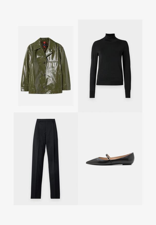 Oliwkowa, błyszcząca kurtka z kołnierzykiem, dwoma przednimi kieszeniami, zapięciem na guziki i subtelnymi detalami szwów.; Czarny sweter z długim rękawem i stojącym kołnierzem, z prążkowanymi mankietami i dołem, zaprezentowany na białym tle.; Czarne spodnie wykonane z gładkiego materiału, z wysokim stanem, szerokimi nogawkami, fałdami z przodu i klasycznymi szlufkami na pasek. Brak widocznych kieszeni bocznych.; Czarne skórzane baletki z wydłużonym noskiem i bocznym paskiem z okrąłym złotym akcentem. Lekkie z płaską podeszwą.