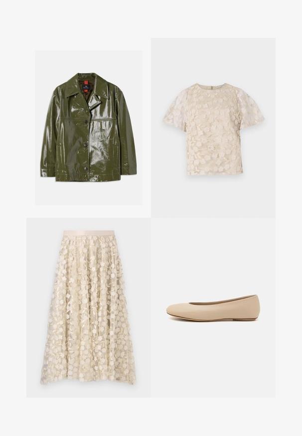 Oliivroheline läikiv jakk karvapoolse kaelusega, kahe esisegi taskuga, nööbikinnitusega ja peente õmblusteadlikkustega.; Beez pluus lilleline tikand, läbipaistvad puffvarrukad, ümmargune kaelus ja tagumine lukuga sulgemine. Tekstureeritud lillemustriga esitahvel.; Lillene tikandid läbipaistval kreemjas seelikuärmal, millel on satiinist vöökoht. Kujunduses on väikesed, õrnad lilled ja lehed.; Beeži nahk balletitossud ümarate varvastega, minimaalse õmbluse detailiga, madala kanna ja diskreetse logoga taga. Sile, mati tekstuur.