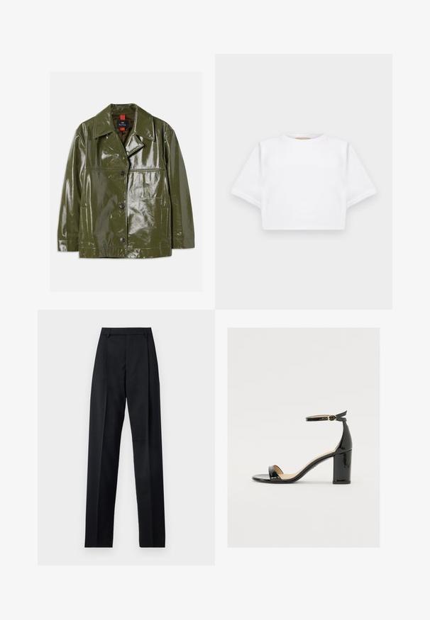 Olive green, glossy jacket with a collared neckline, two front pockets, button closure, and a subtle seam detailing.; Cropped white t-shirt made of soft fabric, featuring short sleeves, a round neckline, and ribbed hem details. Simple and unembellished design.; Black trousers made from smooth fabric featuring a high waist, wide legs, front pleats, and classic belt loops. No side pockets visible.; Black patent leather sandal with a wide heel, open toe, and ankle strap featuring a gold buckle. Smooth texture and sleek design.