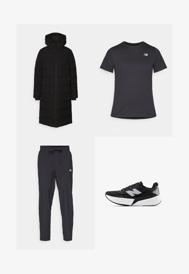 Melnā pūkainā jaka ar kapuci, ar garu siluetu, vertikālām šuvēm un ar rāvējslēdzēja sānu kabatām.; Melnas īsām piedurknēm T-krekls, izgatavots no mīksta auduma, ar nelielu pelēku New Balance logo kreisajā augšējā krūtīs, klasiskā apaļā kakla dizainā.; Melnas sporta bikses, izgatavotas no viegla materiāla, ar elastīgu jostu un regulējamu auklu. Uz sāniem ir neliels logo.; Melnbalts New Balance skriešanas apavi ar biezu zoli, acs augšdaļu un "N" logotipu sānos, skatīts no ārējās puses.