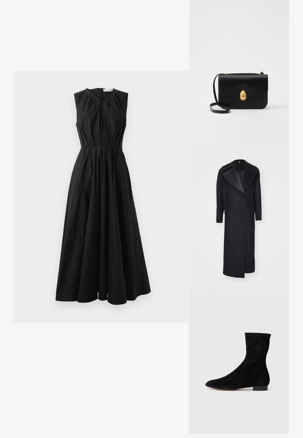 Long black coat made of wool, featuring a sharp collar and front pockets. Tailored design with a sleek silhouette and minimal detailing.; Black sleeveless dress with a V-neck, gathered bodice, and tiered skirt design. Made of smooth fabric with a subtle sheen. Zipper closure at back.; Black suede ankle boot with a fitted shaft, pointed toe, and a low block heel. Smooth texture and minimalistic design, suitable for versatile styling.; Black leather handbag with a structured rectangular shape. Features a golden oval clasp and a thin shoulder strap. Smooth texture.