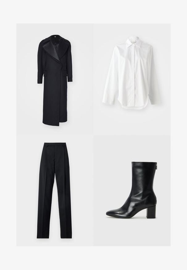 Cămașă lungă din lână, de culoare neagră, cu un guler ascuțit și buzunare în față. Design personalizat cu o siluetă elegantă și detalii minime.; Cămașă albă cu mâneci lungi, cu guler clasic, cu închidere pe butoane și un tiv ușor curbat. Material neted cu un aspect curat.; Pantaloni negri dintr-un material neted, cu talie înaltă, picioare largi, pliuri frontale și loop-uri clasice pentru curea. Fără buzunare laterale vizibile.; Botină din piele neagră, cu vârf ascuțit și toc bloc de 4 cm. Design elegant, cu un fermoar lateral pentru o îmbrăcare ușoară. Textură netedă.