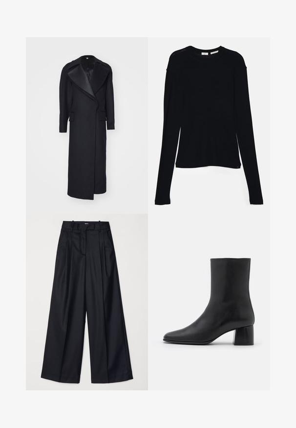 Dlouhý černý kabát ze vlny, s ostrým límcem a předními kapsami. Ušitý design s elegantní siluetou a minimálním zdobením.; Černý dlouhý rukáv top vyrobený z měkkého materiálu, s kulatým výstřihem a volným střihem, se bočními rozparky na olemování pro snadný pohyb.; Černé kalhoty s širokými nohavicemi vyrobené z hladkého materiálu, s vysokým pasem, sklady a přizpůsobeným střihem. Jednoduché černé kování v pase.; Černé kožené kotníkové boty s špičatou špičkou a robustním čtvercovým podpatek. Hladká textura s bezšvovým designem a minimalistickým prošíváním.
