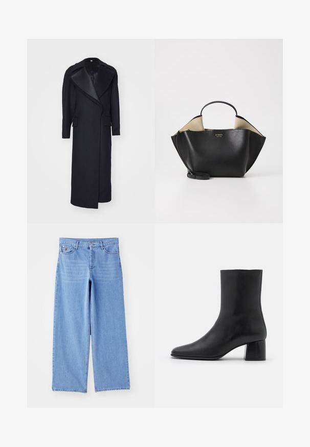 Dlhý čierny kabát vyrobený z vlny, s ostrým golierom a prednými vreckami. Strih s presne zvoleným dizajnom a elegantnou siluetou s minimálnym detailovaním.; Čierny dlhý rukáv top vyrobený z mäkkej tkaniny, s okrúhlym výstrihom a voľným strihom s bočnými rozparokmi na leme pre pohodlný pohyb.; Svetlo modré široké džínsy z denimu, s klasickým päť vreckovým dizajnom a zapínaním na gombíky. Hladká textúra, rozstrapkaný lem.; Čierna kožená členková čižma s špicatou špičkou a masívnym štvorcovým podpätkom. Hladká textura s bezšvovým dizajnom a minimalistickým prešívaním.; Ree Projects ANN TOTE MINI - Kabelka - black