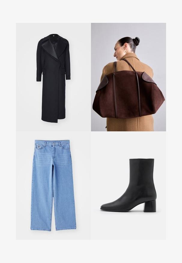 Pitkä musta villa-takki, jossa on terävä kaulus ja etutaskut. Räätälöity muotoilu, jossa on sulavalinjainen siluetti ja minimaalinen yksityiskohtaisuus.; Mustat pitkät hiharatoppi, joka on valmistettu pehmeästä kankaasta. Topissa on pyöreä pääntie ja rento istuvuus, jossa on sivuhalkiot helman kohdalla liikkumisen helpottamiseksi.; Vaaleansinisiä leveälahkeisia farkkuja, joissa on klassinen viisipaikkainen muotoilu ja nappikiinnitys. Liukas pinta, kuluneet lahkeensuukohdat.; Mustat nahkasaappaat nilkkakorkeudella, joissa on terävä kärki ja tukeva neliön muotoinen korko. Sileä pinta, saumaton muotoilu ja minimalistinen ommel.; Ruskea mokkabagse tummilla nahkaosilla, jossa on rakennettu muoto ja kaksoishihnat, pidetään olkapäällä beigen takin päällä.