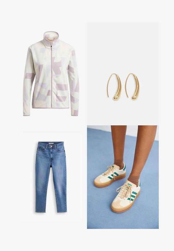Kurtka polarowa w jasnym kremie z abstrakcyjnymi lawendowymi i beżowymi wzorami geometrycznymi; posiada wysoką kołnierz oraz zamek błyskawiczny z przodu.; Biała bawełniana koszulka z okrągłym dekoltem i krótkim rękawem, o luźnym kroju i minimalistycznym designie. Metka widoczna na szyi.; Niebieskie damskie jeansy z wysokim stanem, z zamkiem błyskawicznym i guzikami z przodu, z paskami na pasek oraz pięcioma kieszeniami, leżące na białym tle.; Beżowe sneakersy z ciemnozielonymi paskami, gumowa podeszwa, zamszowa i tekstylna cholewka oraz neutralne dodatki, w połączeniu z brązowymi skarpetami na jasnoniebieskiej powierzchni.; Złote metalowe kolczyki w kształcie obręczy o zakrzywionym, wydłużonym kształcie. Posiadają gładką, błyszczącą powierzchnię oraz zaokrąglony koniec dla dodatkowego efektu.