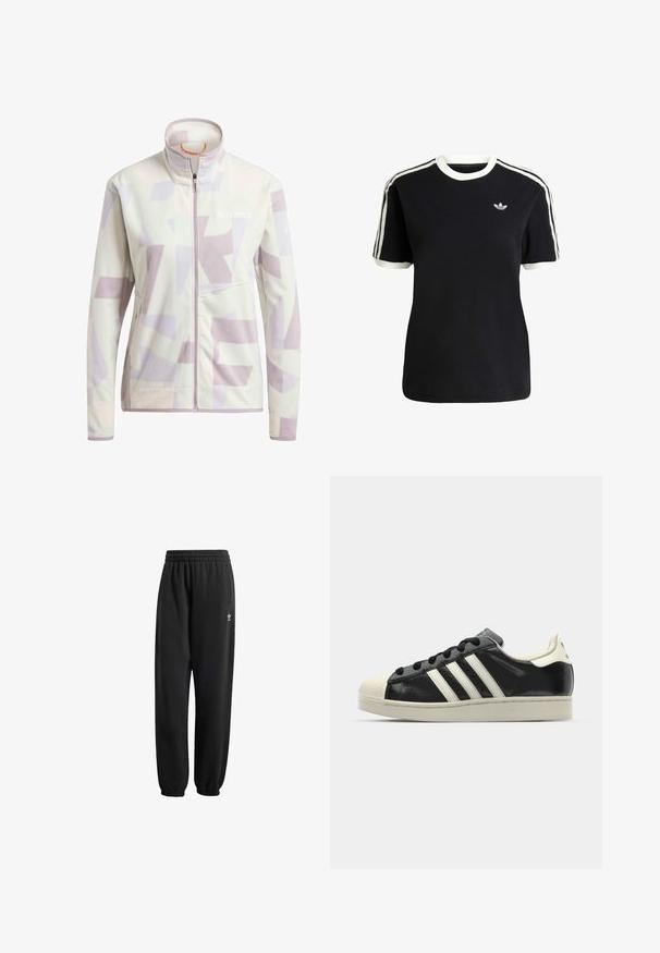Flis s visokom ovratnikom u svijetloj krem boji s apstraktnim lavandom i bež geometrijskim uzorcima; ima prednji patentni zatvarač.; Crna pamučna majica s bijelim detaljima na ovratniku i rukavima, s tri bijele pruge na svakom ramenu i malim logotipom na prsima.; Crne trenirke od mekog, teksturiranog materijala. Imaju elastičnu struk, manžete i mali bijeli logotip blizu vrata.; Crni kožni tenisice s bijelim prugama, gumeni zaštitni vrh, crne vezice i bijela potplata boje krem. Glatka tekstura s sjajnim završetkom.