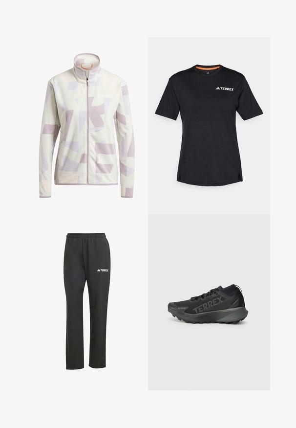Fleecejack in lichtroom met abstracte lavendel- en beige geometrische patronen; beschikt over een hoge kraag en een ritssluiting aan de voorkant.; Zwarte T-shirt met korte mouwen en ronde hals, met een subtiele heatherstructuur en een wit "TERREX" logo aan de bovenlinkerkant.; Zwarte lichtgewicht broek met een elastische tailleband. Heeft een subtiel "TERREX" logo in het wit. Glad materiaal en rechtvallend ontwerp.; Zwarte Terrex hardloopschoen met een gestructureerde bovenkant, een stevige zool en opvallende branding. Beschikt over een gevoerde hiel voor ondersteuning en grip.