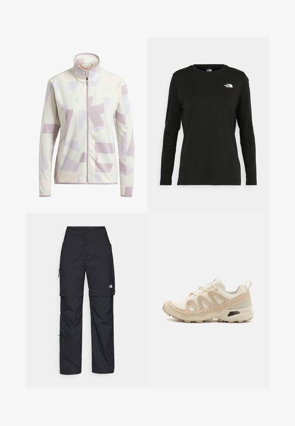 Fleece jacket in light cream with abstract lavender and beige geometric patterns; features a high collar and front zipper.; Black long-sleeve t-shirt made of cotton with a round neck. Features a small white logo on the left chest area. Simple design and fit.; Black nylon zip-off cargo trousers with adjustable cuffs, multiple pockets, and a logo on the right leg. Smooth, lightweight texture.; Beige and cream athletic shoe with textured mesh upper, supportive overlays, and rubber outsole featuring a tread pattern for traction.