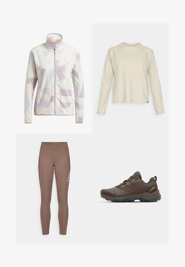Fleece bunda v svetlej krémovej farbe s abstraktnými levanduľovými a béžovými geometrickými vzormi; má vysoký golier a predný zips.; Svetlo béžový top s dlhými rukávmi a textúrovaným, rebrovaným dizajnom. Má raglánové rukávy a zaoblený výstrih. Diskrétny logotyp značky na leme.; Hnedé športové legíny s vysokým pásom, ktoré majú bočné vrecká a biele logo. Hladká, elastická tkanina pre pohodlie a pohyblivosť.; Sivé a tyrkysové turistické topánky s mriežkovanými panelmi, textúrovaným zvrškom a odolnou gumovou podrážkou. Obsahujú polstrovaný jazyk a šnurovací dizajn.