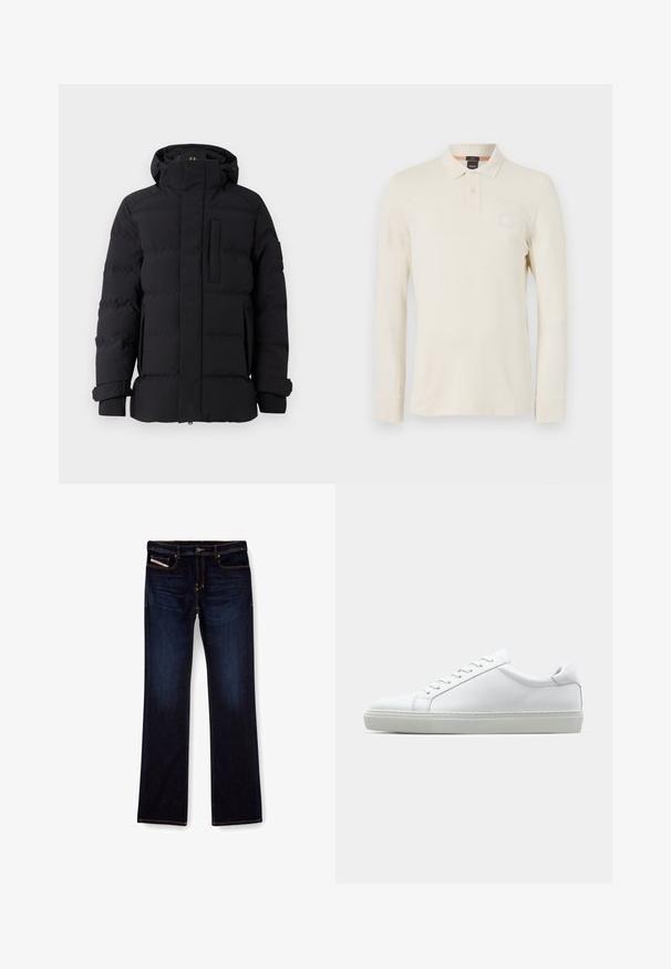 Svart puffjacka med hög krage, dragkedjestängning, framficka och elastiska ärmslut. Slät textur med vadderade sektioner genom hela jackan.; Långärmad polo t-shirt i ljusbeige, tillverkad av ett mjukt tyg, med polo-krage, knappslå med två knappar och en liten logotyp på bröstet.; Mörkblå denimjeans med rak benmodell, med orange sömmar, dragkedja och framfickor. Slät textur och standard midja.; Vit sneaker med en slät läderövre och låg profil. Har en rundad tå, sex snörhål och en strukturerad gummisula.