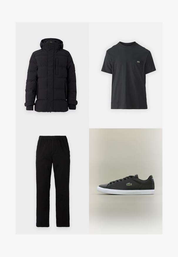 Črna puhovka z visokim ovratnikom, zadrgo, sprednjim žepom in elastičnimi manšetami. Gladka tekstura s podloženimi odseki po celotni površini.; Črna bombažna majica s kratkimi rokavi, okroglo ovratnikom in majhnim zelenim logotipom na levem žepu. Preprost dizajn, redna prileganje.; Črne hlače iz mešanice bombaža, s ravnim krojem, elastičnim pasom z gumbom in brez vidnih vzorcev ali akcentov.; Črne usnjene superge z belo gumijasto podplatom, z zelenim krokodiljim logotipom in okroglimi vezalkami, elegantna zasnova z gladko teksturo.