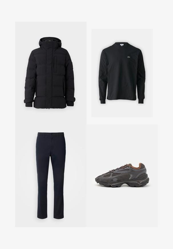 Melna pūkainā jaka ar augstu apkakli, rāvējslēdzēja aizdari, priekšējo kabatu un elastīgām aprocēm. Gluda tekstūra ar mīkstinātām daļām visā jakā.; Melna garām piedurknēm t-krekls, izgatavots no kokvilnas, ar apaļu kakla izgriezumu un mazu zaļu izšūtu krokodila logo kreisajā krūtī.; Tumši zilie bikses, kas izgatavotas no gluda auduma, ar taisnām kājām, jostu cilpām un pogu aizdari ar rāvējslēdzēju.; Lacoste kedas tumši pelēkā krāsā ar acu audumu un sintētisko materiālu, ar teksturētu zoli un brūniem akcentiem apkaklītē un zīmola uzrakstā.