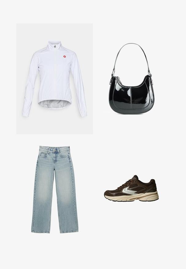 Vit cykeljacka tillverkad av lätt material, med dragkedja fram, stå-up krage och en liten röd logotyp på vänster bröst.; Randig skjorta i brun och vit, med långa ärmar, spetsig krage och rundad nederkant. Texturerad tyg med vertikala ränder.; Svart ärmlös topp med rundad halsringning, tillverkad av mjukt tyg. Har en åtsittande form och rena kanter. Inga ytterligare mönster eller detaljer.; Ljust blå denim byxor med vida ben och hög midja, med fem fickor, knappstängning och subtil blekning för en använd effekt.; Brun atletisk sko med meshpaneler, en vit accentdesign, en dämpad gummisula och en strukturerad textilovandel för andningsförmåga.; Svart lackläderhandväska med en böjd design, dragkedjestängning och ett enda axelband med detaljer i silverfärgade metall och sömnadsaccenter.