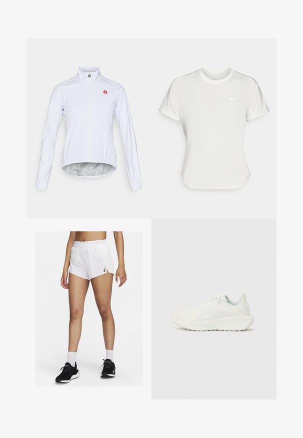 Hvit sykkeljakke laget av lett materiale, med frontglidelås, stående krage, og en liten rød logo på venstre bryst.; Nike T-skjorte i hvit, kortermet, rund hals, laget av et glatt og lett materiale. Har en subtil logo på brystet.; Hvite atletisk shorts med ribbet linning, sidespalter og en svart Nike-logo. Brukes med svarte joggesko og hvite ankelsokker.; Hvite sportsko med teksturert overdel, polstret krage og snøring. Har en buet såle og subtil merkevare på siden.