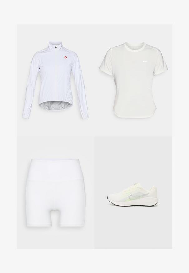 Biała kurtka rowerowa wykonana z lekkiego materiału, z zamkiem błyskawicznym z przodu, kołnierzem stójkowym i małym czerwonym logo na lewej piersi.; Koszulka Nike w kolorze białym, z krótkimi rękawami, okrągłym dekoltem, wykonana z gładkiego, lekkiego materiału. Posiada subtelne logo na piersi.; Białe szorty z wysokim stanem wykonane z elastycznej tkaniny. Charakteryzują się gładką teksturą i dopasowanym krojem, bez dodatkowych wzorów czy elementów metalowych.; Nike Performance DOWNSHIFTER 13 biały