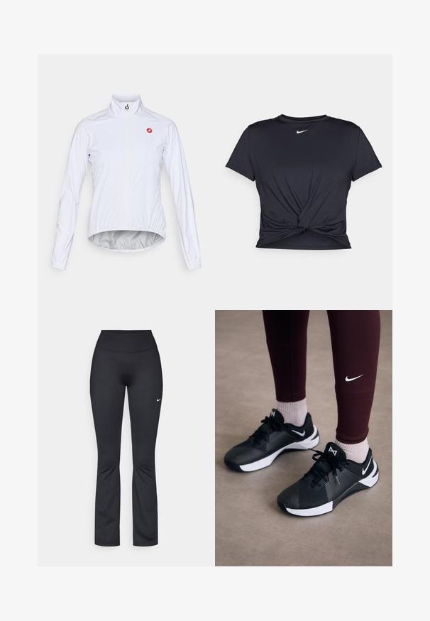 Jaqueta de ciclismo branca feita de material leve, com fecho na frente, gola alta e um pequeno logótipo vermelho no lado esquerdo do peito.; T-shirt atlético preto feito de tecido liso, apresentando um design frontal com nó e um pequeno logótipo branco da Nike no peito.; Leggings atléticos pretos com cintura alta, feitos de tecido liso e elastano. Apresentam um pequeno logotipo branco da Nike na coxa esquerda.; Ténis atléticos pretos com um upper texturizado e detalhes brancos, apresentando atacadores e um logo lateral. Usados com leggings cor-de-vinho e meias claras.