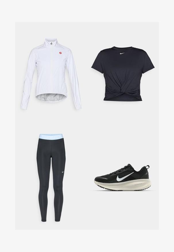 Bijela biciklistička jakna od laganog materijala, s prednjim zatvaračem, stojećim ovratnikom i malim crvenim logom na lijevoj strani prsiju.; Crni trenirac s kratkim rukavima izrađen od glatkog materijala, s čvorastim dizajnom sprijeda i malim bijelim Nike logotipom na prsima.; Crne sportske tajice s svijetloplavim pojasom na kojem je tekst "NIKE PRO"; glatka tekstura i uski kroj. Bijeli Nike logo s lijeve strane.; Crne Nike trkačke tenisice s prozračnom mrežastom gornjom konstrukcijom, bijelim swoosh logotipom, teksturiranim detaljima i kremastom ZoomX srednjom potplatnom jedinicom.