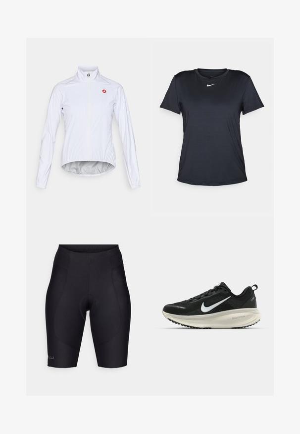 Valge jalgrattasõidujakk, mis on valmistatud kergest materjalist, esiküljel on väljalõige, püsti krae ja vasakul rinnal väike punane logo.; Must Nike-i lühikeste varrukatega T-särk, ümar kaelus, valmistatud siledast kangast, rinnal väike valge logo.; Mustad mustad jalgrattapüksid, mis on valmistatud venivast materjalist, karastatud sisetasku, elastse vöökoht ja sujuvad õmblused, et saavutada voolujoone ja mugavuse. G; Musthave mustus Nike jooksujalats, millel on hingav võrgust ülemine osa, valge swoosh logo, tekstuuriga detailid ja kreemja värvusega ZoomX vahevöö.