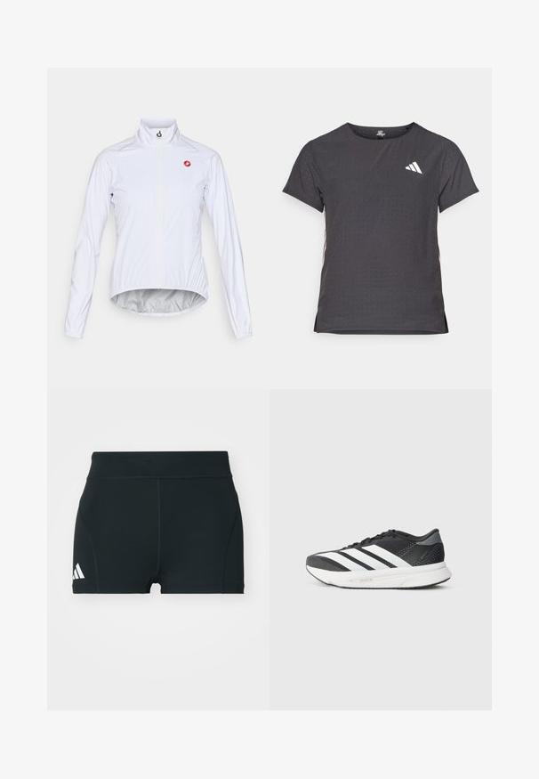 Valge jalgrattasõidujakk, mis on valmistatud kergest materjalist, esiküljel on väljalõige, püsti krae ja vasakul rinnal väike punane logo.; Lühikese varrukaga sportlik T-särk, tumehall, perforatsiooni tekstuuriga. Omab valget logo ja kontrastset külgtriipu. Ümar kaelus.; Mustad mustad lühikesed püksid, mis on valmistatud venivast kangast, kõrge vöökoht, vormitud lõige ja vasakul küljel valge Adidas logo.; Mustvalge sportlik king, millel on valged triibud, võrgusilmast ülemine osa, pehmendusega tald ja voolujooneline disain. Hallid aktsendid kandadel ja keelega.