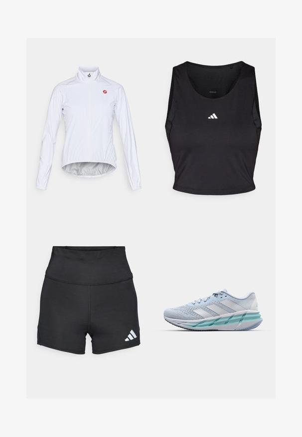 Bijela biciklistička jakna od laganog materijala, s prednjim zatvaračem, stojećim ovratnikom i malim crvenim logom na lijevoj strani prsiju.; Crni sportski crop top napravljen od tkanine koja odvodi vlagu, s okruglim izrezom, bez rukava i bijelim logotipom na prsima.; adidas Performance Tajice - black; Svijetloplave atletske tenisice s teksturiranim pletenim gornjištem, bijelim detaljima i prozirnom zelenom potplatnom jedinicom. Zaobljen nos i podstavljeni ovratnik.